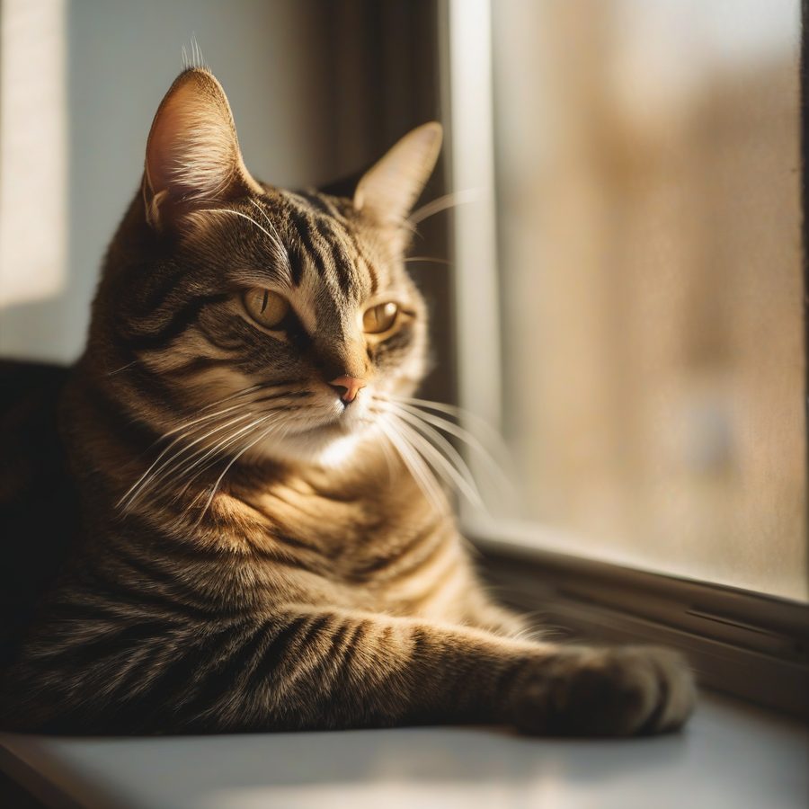 A senior tabby cat resting on a sunlit windowsill.