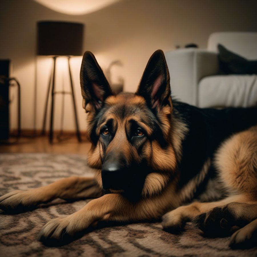 An older German shepherd lying awake on a rug in a dimly lit room at night.