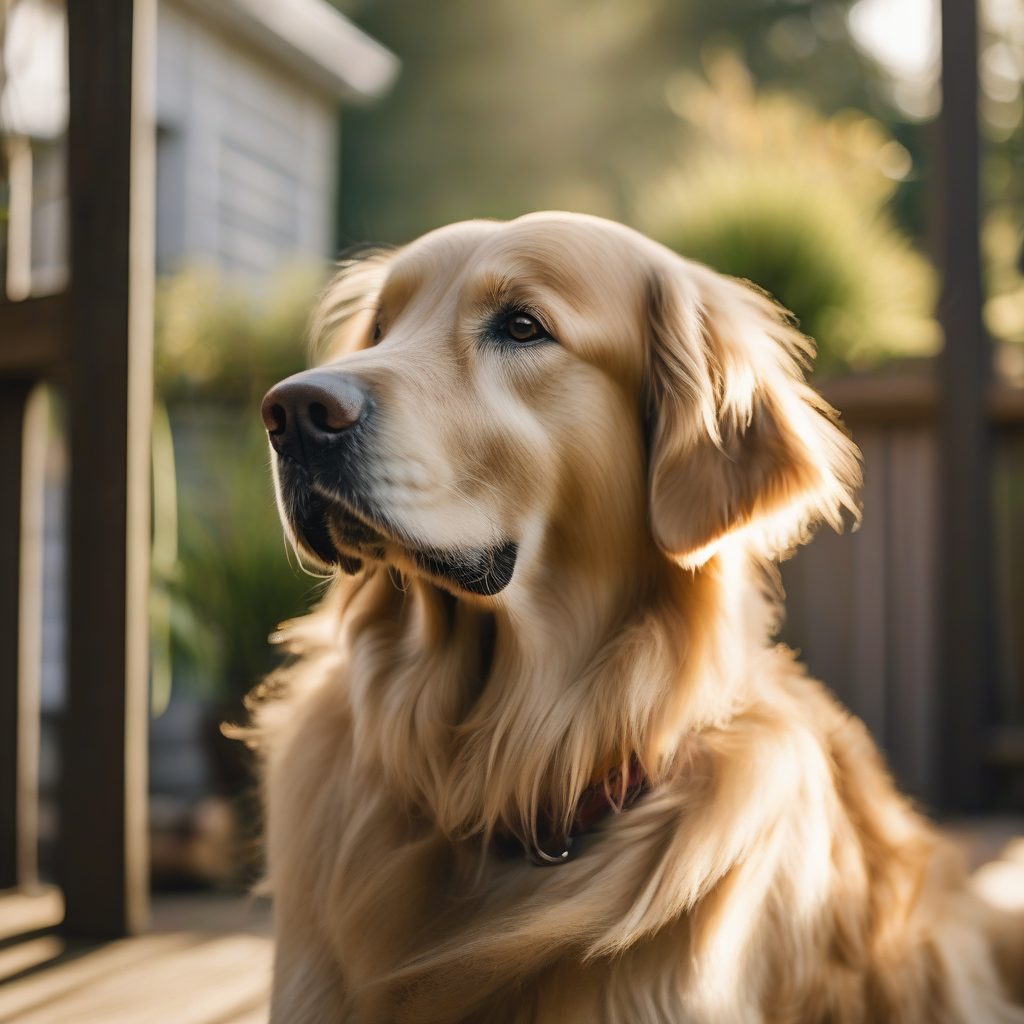 A senior golden retriever sitting on a sunlit porch, greying around the muzzle.
