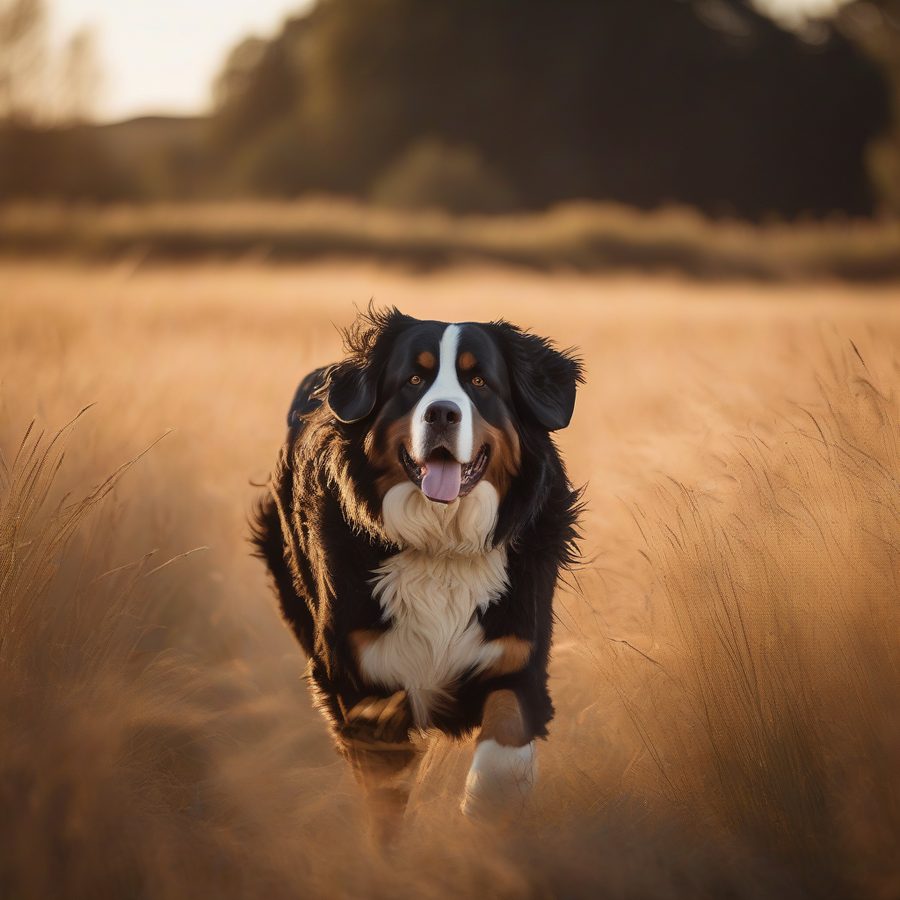 A healthy adult Bernese mountain dog trotting through tall grass at golden hour.
