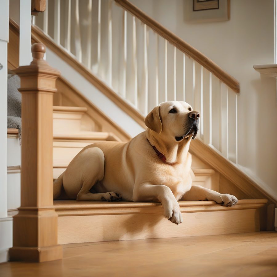 A senior labrador resting at the foot of a staircase in a bright hallway.