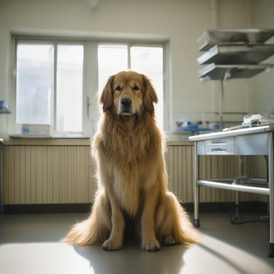 A calm longhaired retriever sitting in a bright veterinary consulting room.